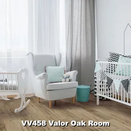 Cozy nursery with Valor Oak flooring, white crib and rocking chair, window with sheer curtains.