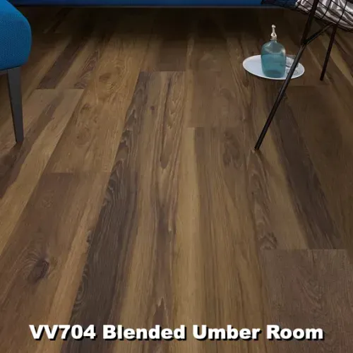 Wooden floor, warm brown tones, labeled VV704 Blended Umber Room.