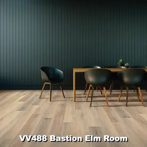 Dining room with wood-look floor, teal paneled wall, and a wood table with black chairs.