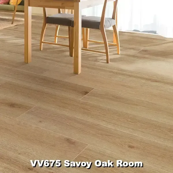 Wooden floor with a table and chairs in a room, the flooring is identified as VV675 Savoy Oak Room.
