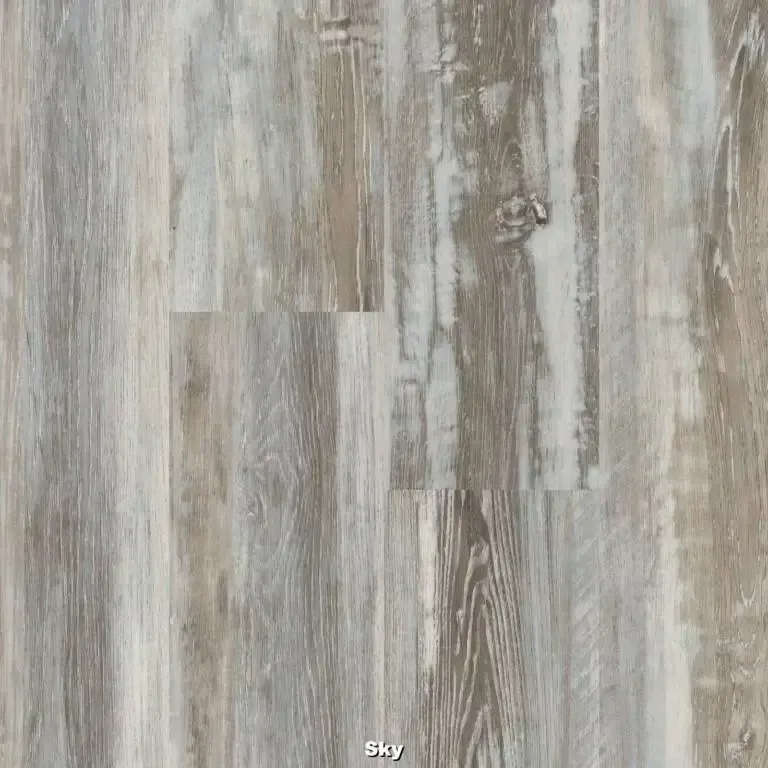 Wood-look flooring in shades of gray and beige with a distressed appearance.