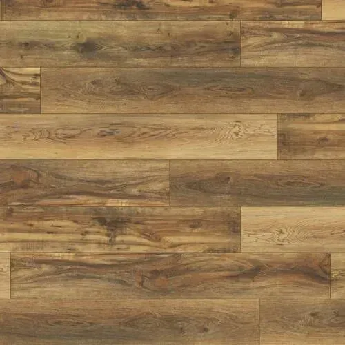 Brown wood-look flooring with varying shades and wood grain patterns.