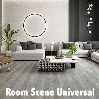 Modern living room with a gray floor, white sofas, a circular light, and a patterned ottoman.