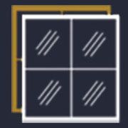 White-framed four-pane window icon with diagonal slashes, over a gold outlined square on a dark background