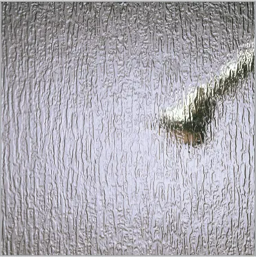 Frosted window with a blurred green plant stem visible behind the textured glass