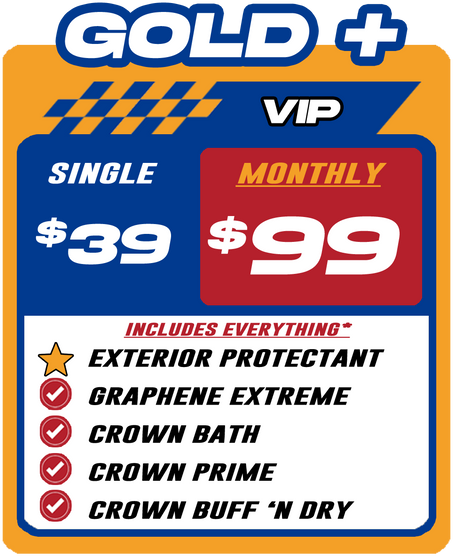 Car wash pricing: $39 single or $99 monthly. Includes exterior protectant, graphene, crown bath/prime/buff.