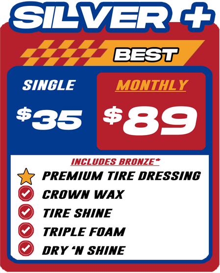 Car wash service advertisement with pricing for single and monthly options; includes tire dressing, wax, shine, and foam.