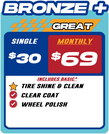 Car wash service advertisement with single wash price $30 and monthly price $69. Includes tire shine, clear coat, and wheel polish.
