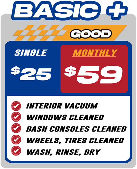 Car wash service packages: single wash $25, monthly $59. Includes interior vacuum, window cleaning, dash & wheels cleaning, wash, rinse, dry.