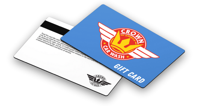 Crown Car Wash gift card, blue front with logo, white back with magnetic stripe.