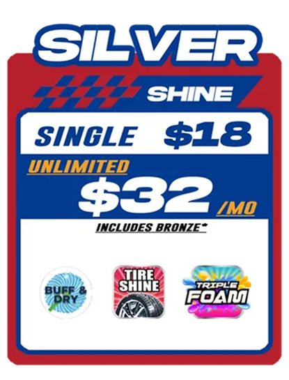Car wash menu: Silver Shine, single wash $18, unlimited $32/mo