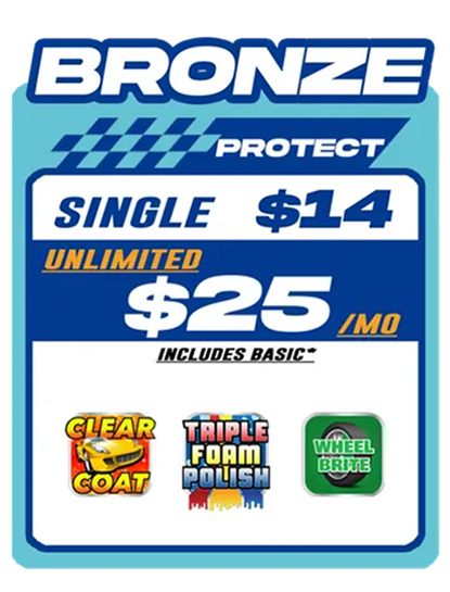Car wash package with bronze protect: single wash $14, unlimited $25 monthly 