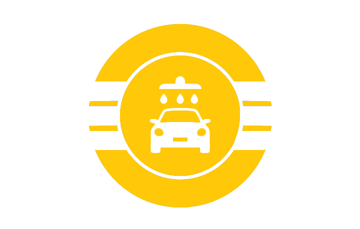A yellow circle with a white car inside of it.