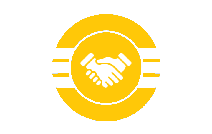A yellow circle with two hands shaking in it.