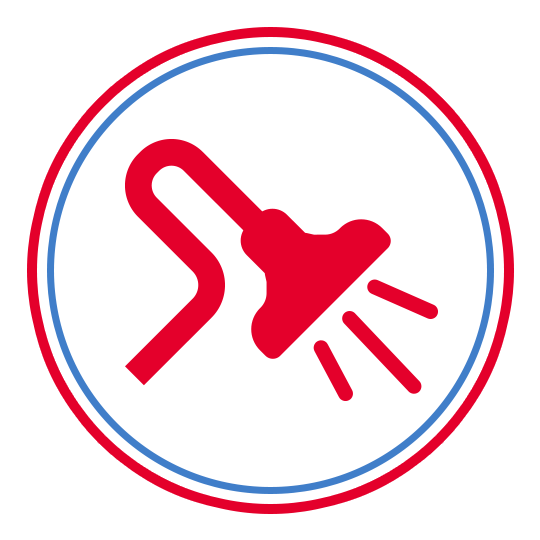 A red and blue icon of a shower head in a circle.
