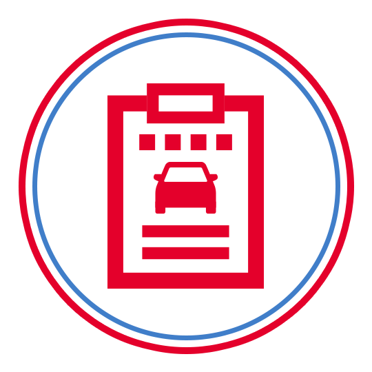 An icon of a clipboard with a car on it in a red and blue circle.