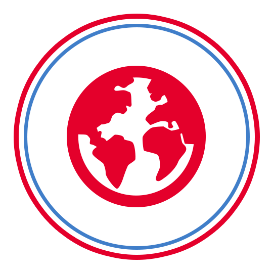 A red , white and blue circle with a globe in it.