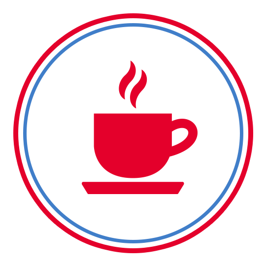 A red and blue circle with a cup of coffee on a saucer.