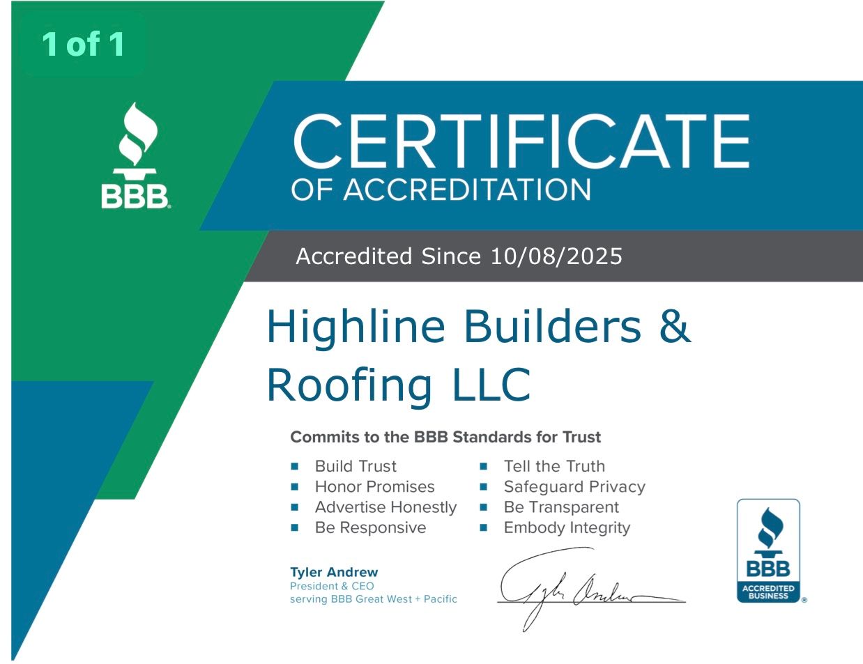 BBB Certificate of Accreditation for Highline Builders & Roofing LLC, accredited since 10/08/2025.