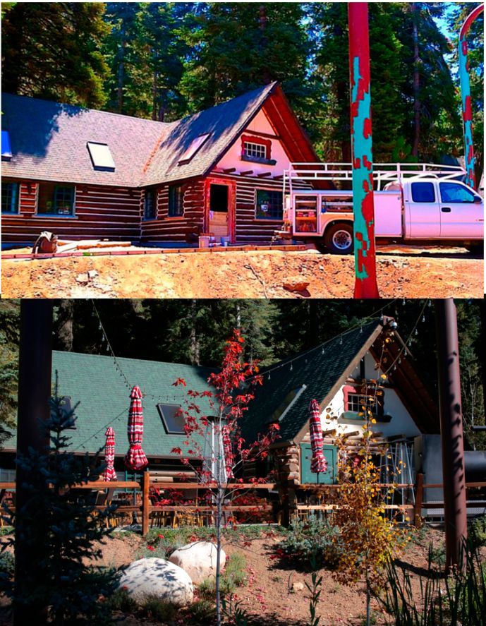 Two photos of a log cabin with a white pickup truck. One photo shows construction, the other shows a completed structure.