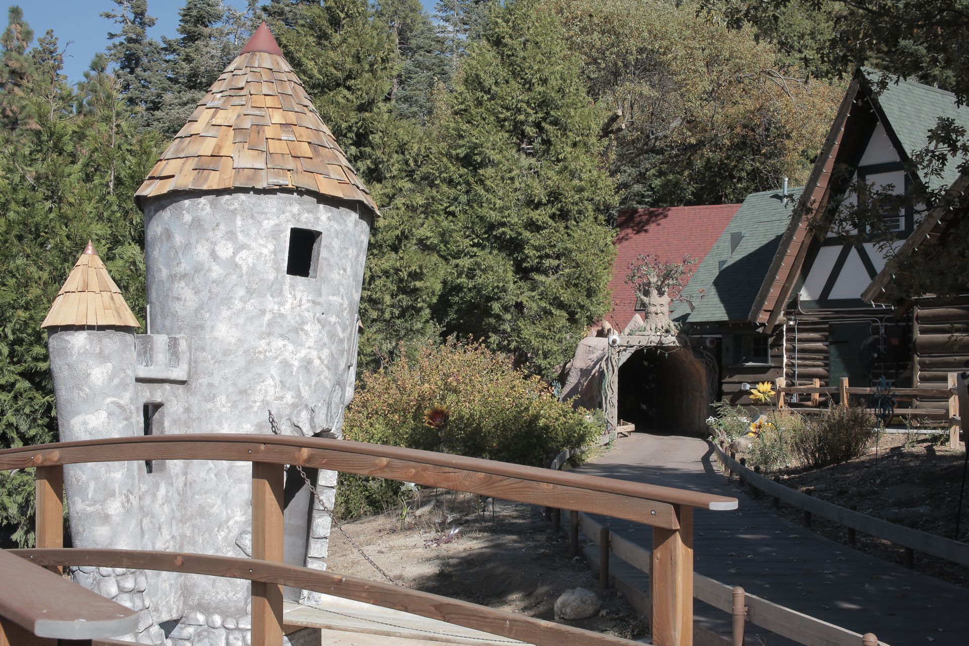 Stone castle tower and bridge leading to a tunnel and buildings with a forest backdrop.