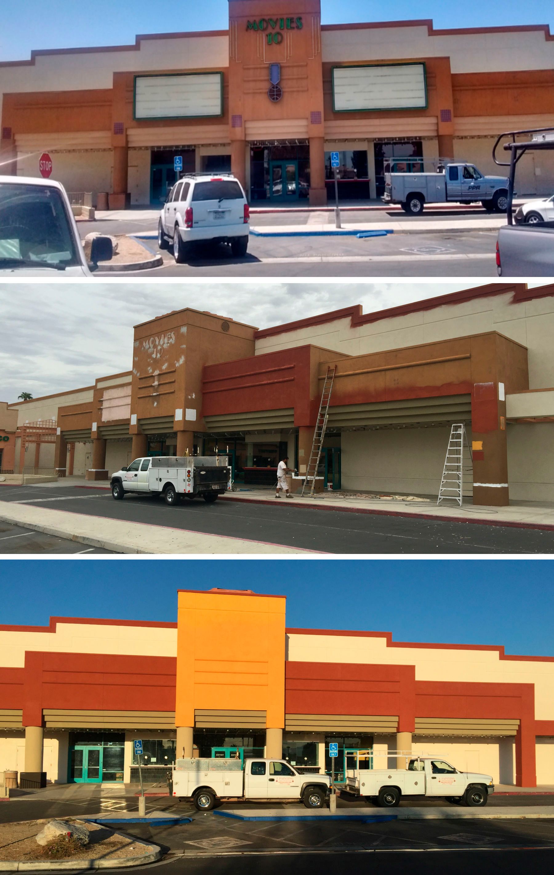 Three photos: Exterior of a commercial building undergoing renovation, showing workers, trucks, and changing facade.