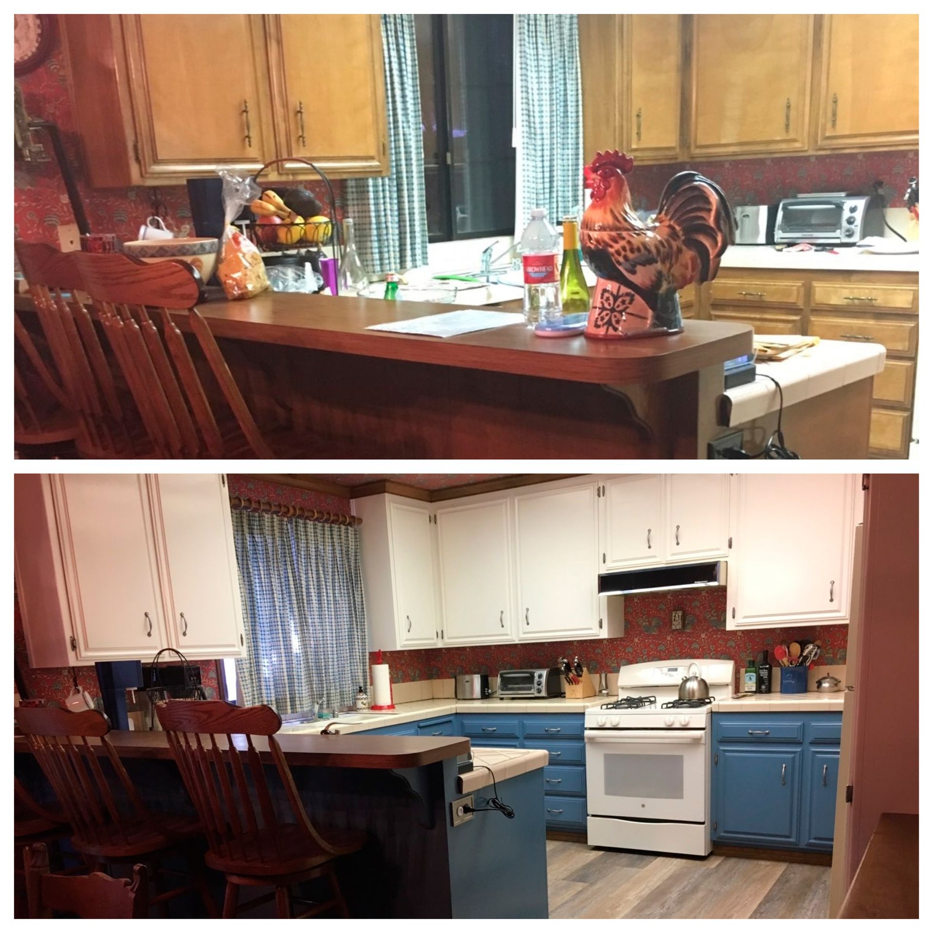 Kitchen remodel: Before & after photos. Beige cabinets/dark counter to white cabinets/blue lower cabinets.