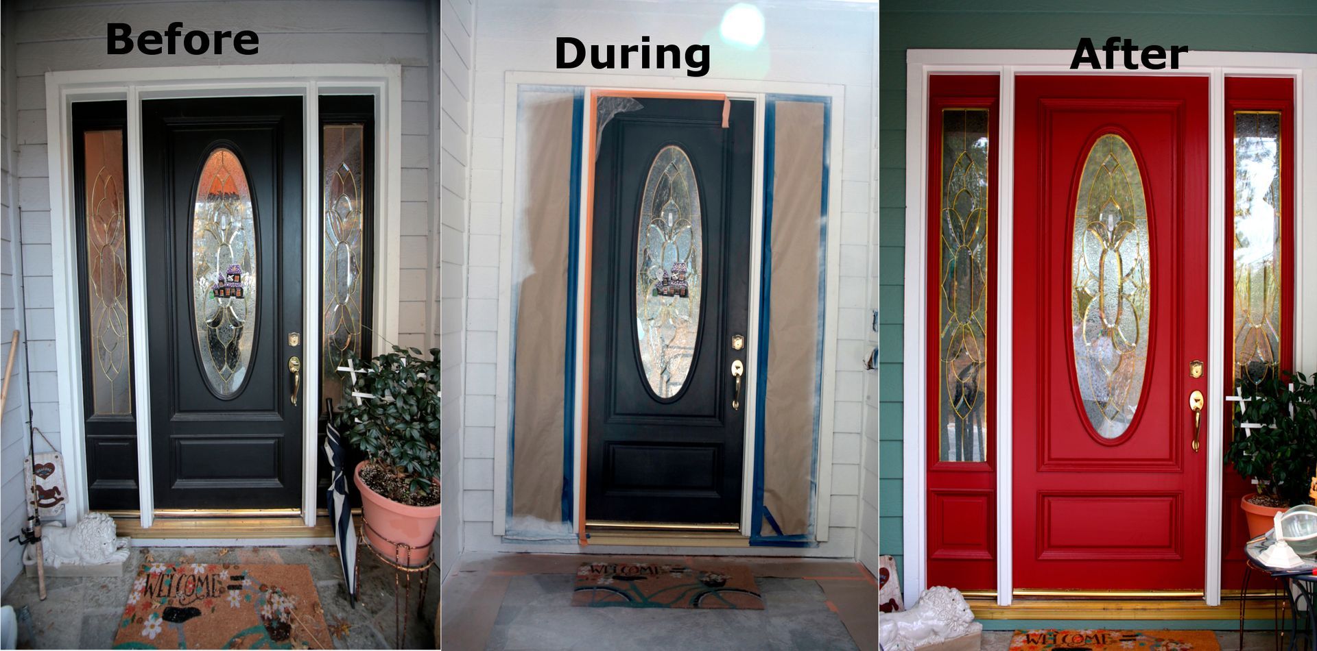 Before, during, and after shots of a front door. The black door is painted red with white trim.
