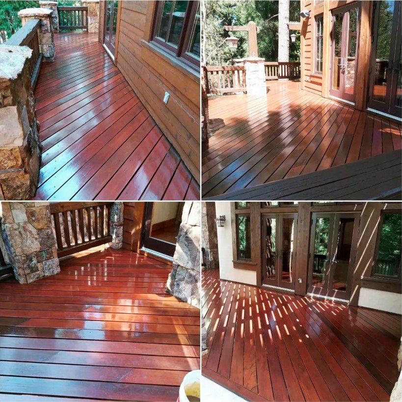 Four views of a freshly stained wood deck with reflections. Reddish-brown deck next to a house with sunlight casting shadows.