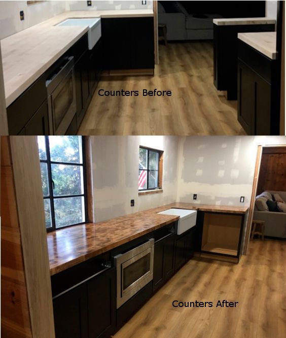 Kitchen countertop renovation before and after. Light wood counters replaced with copper-toned. Black cabinets remain.