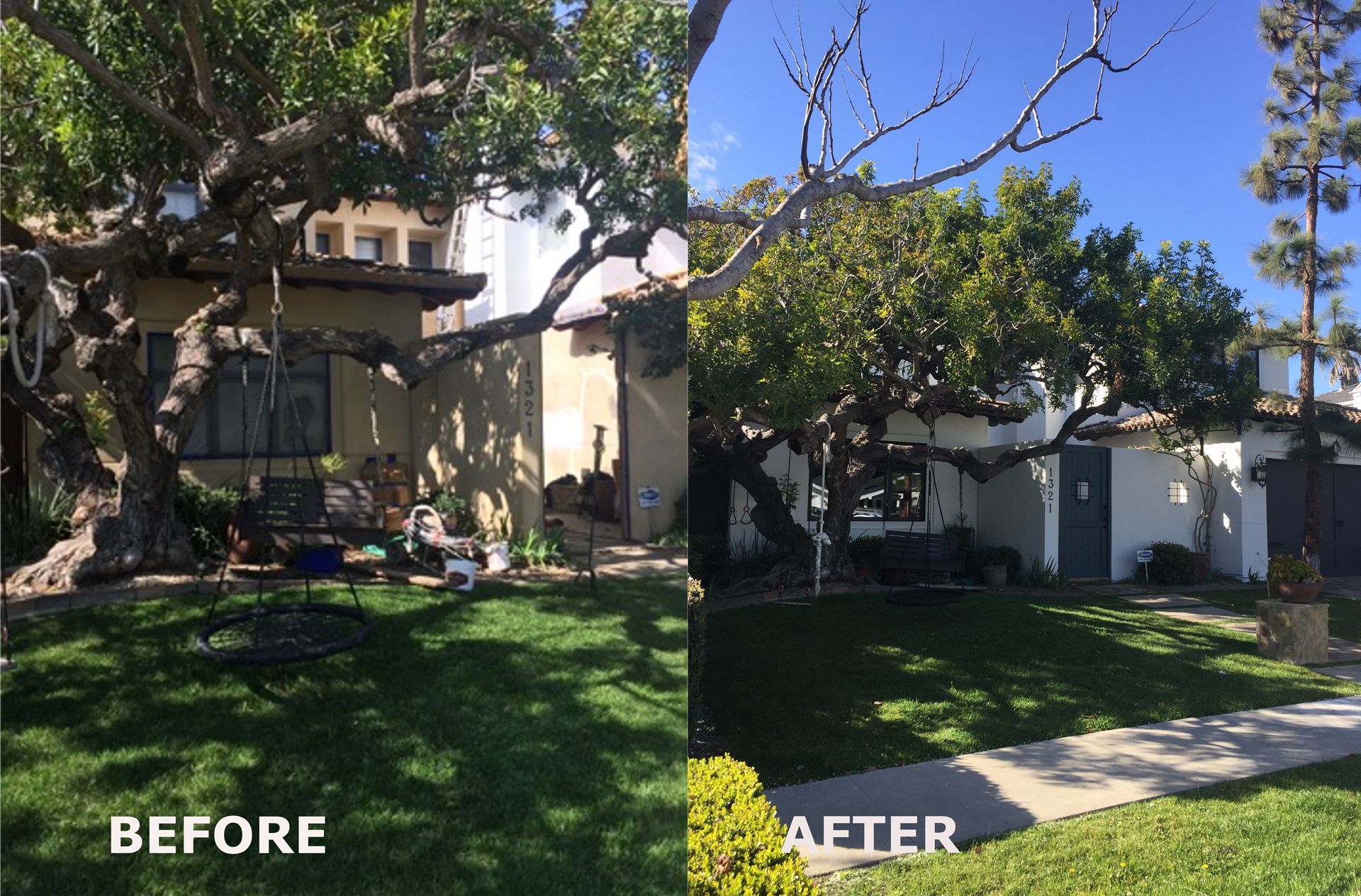Before and after comparison of a house exterior. The after shows newly painted white walls and the tree pruned.