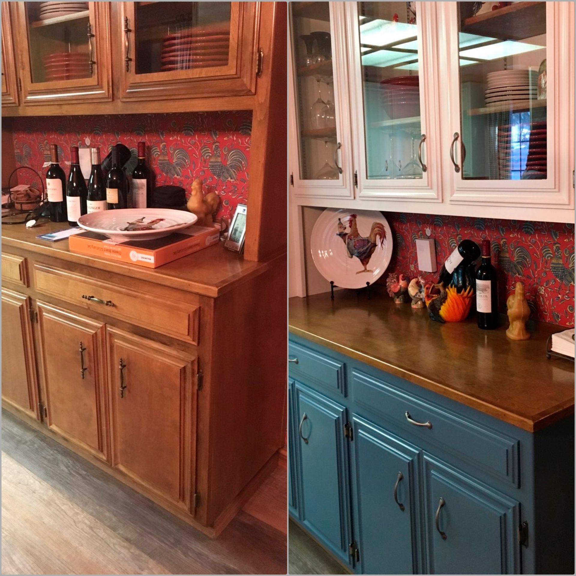 Kitchen cabinet transformation: Before (brown) and after (white upper, teal lower). Red backsplash.