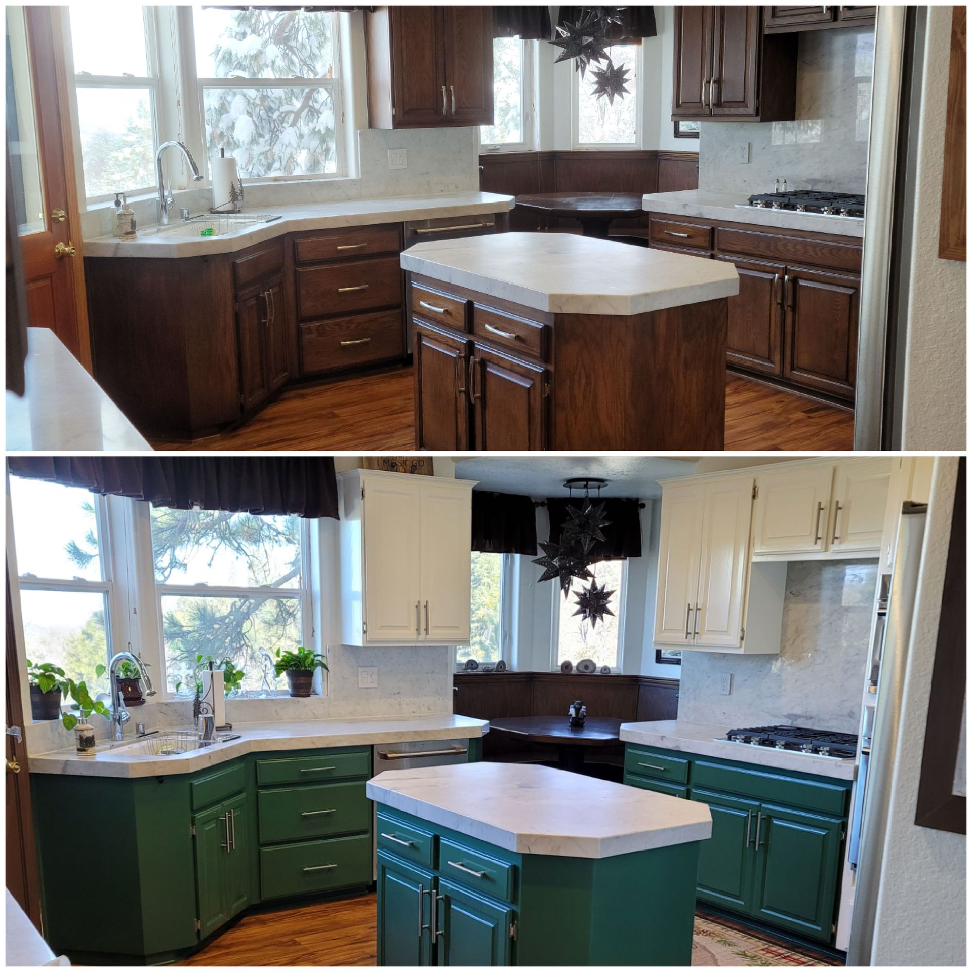Before-and-after of a kitchen renovation; top is dark wood, bottom is white and green cabinets.