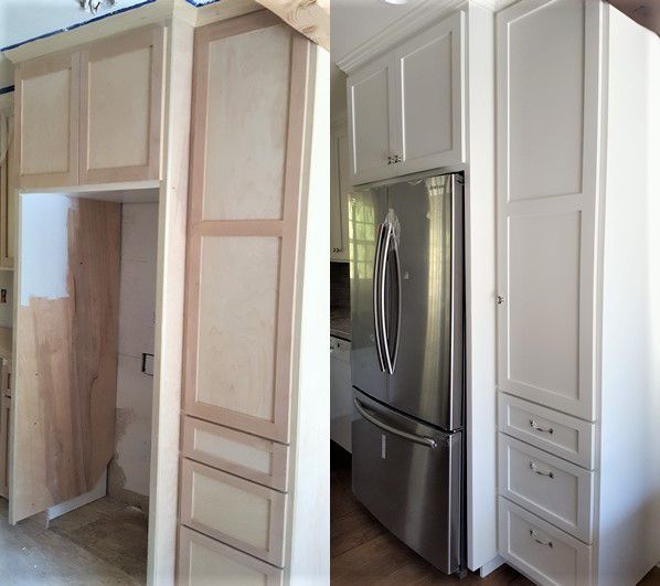 Kitchen cabinet installation; before and after. Light wood cabinets being installed, then painted white. Refrigerator and drawers are visible.