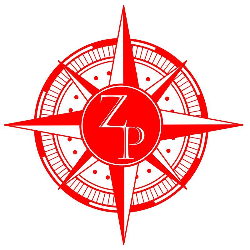 Red compass rose logo with 
