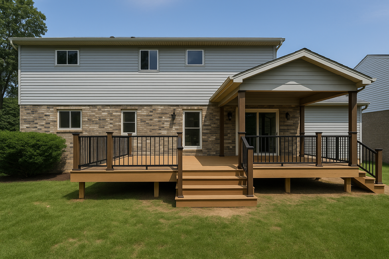 Backyard deck with wooden steps and railings on a tan two-story house
