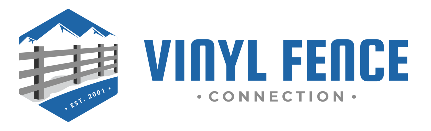 The logo for vinyl fence connection shows a fence with a mountain in the background.