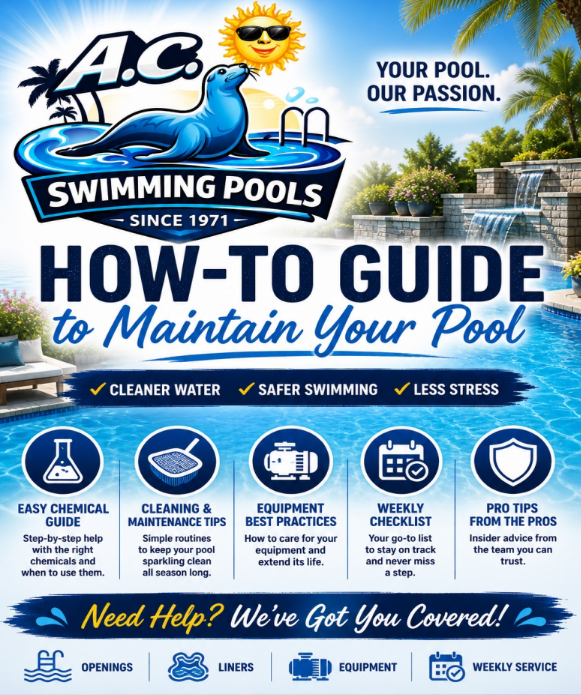 A.C. Swimming Pools guide poster with blue pool image and tips for maintaining your pool, built since 1971.