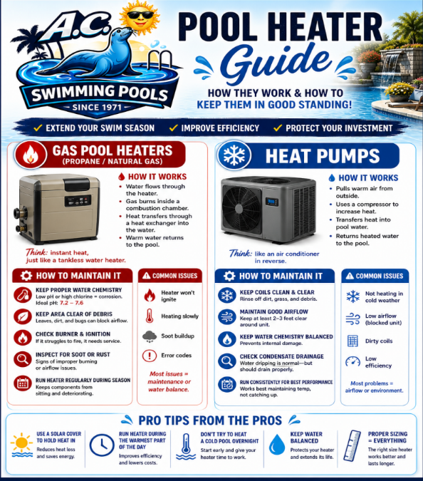 Pool heater guide infographic comparing gas pool heaters and heat pumps with maintenance tips and icons.