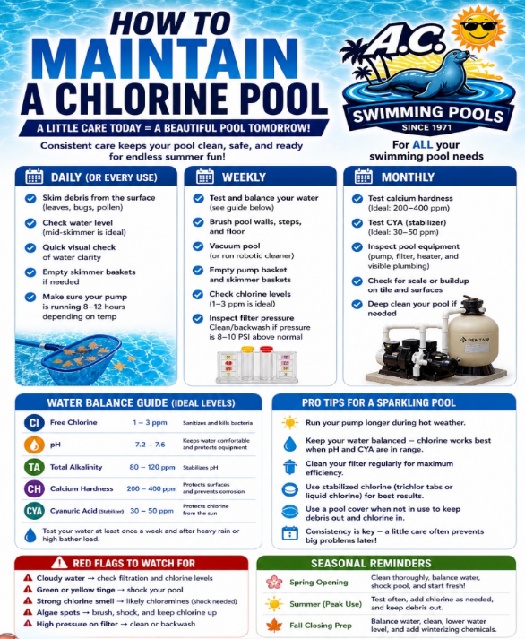 Infographic titled “How to Maintain a Chlorine Pool” with maintenance tips, schedules, and pool-cleaning equipment.