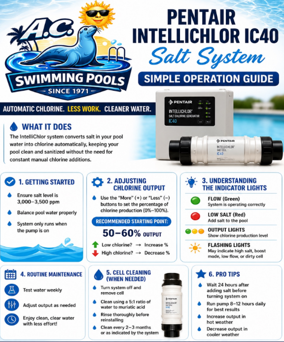 Pentair IntelliChlor IC40 salt system guide with pool equipment and feature icons on blue background