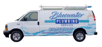 White Bluewater Plumbing service van with logo, phone number, and website address.