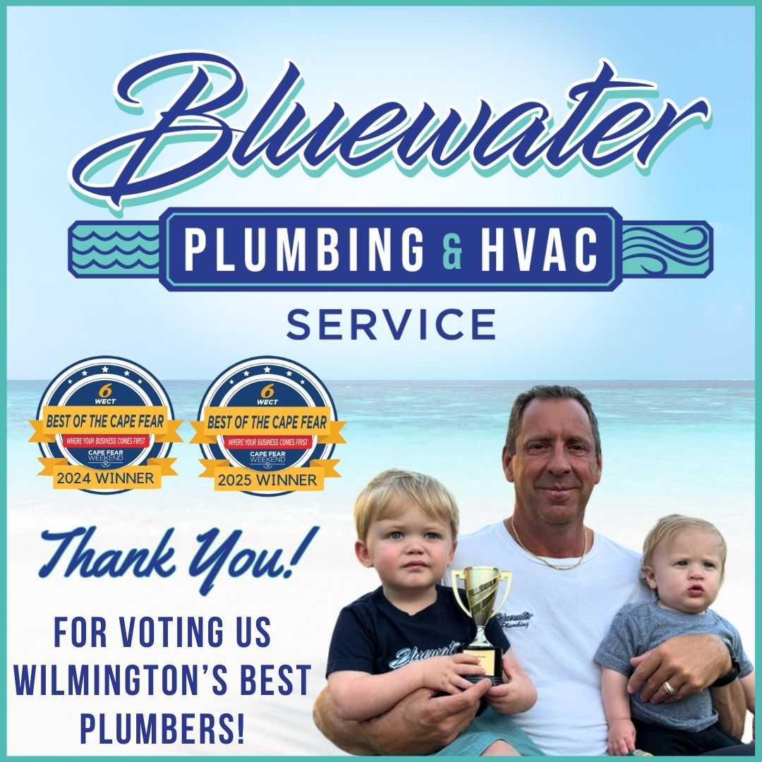 Bluewater Plumbing & HVAC ad. Man and children on a beach holding a trophy, thanking voters for making them Wilmington's best plumbers.