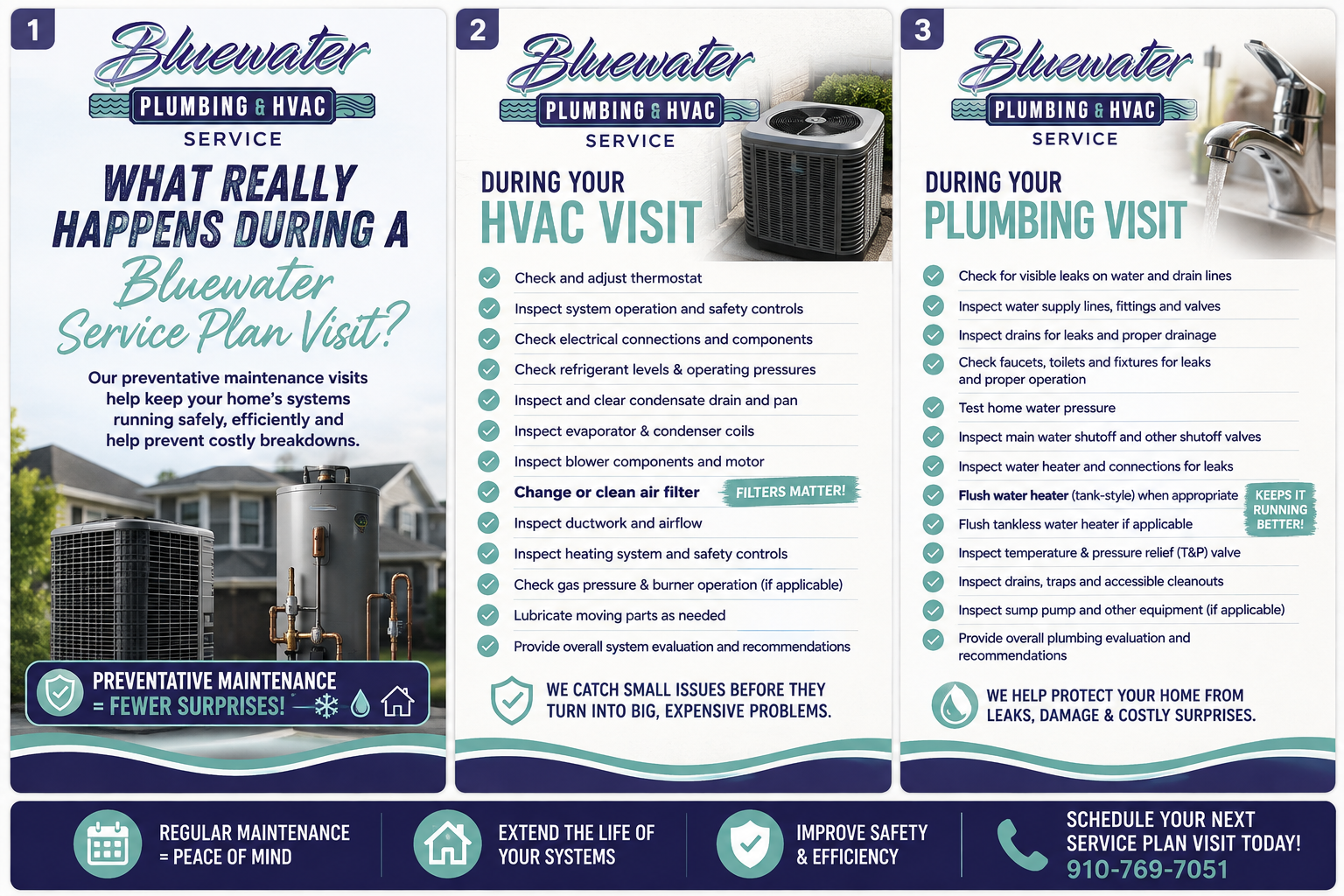 Tri-panel blue flyer for Bluewater Plumbing Heating & Air service plan checklist, HVAC visit, and plumbing visit promotions.