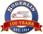 A soderlin logo with a van and a red ribbon.