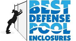 Silhouette of a person cleaning a pool cover beside the blue &ldquo;Best Defense Pool Enclosures&rdquo; logo.