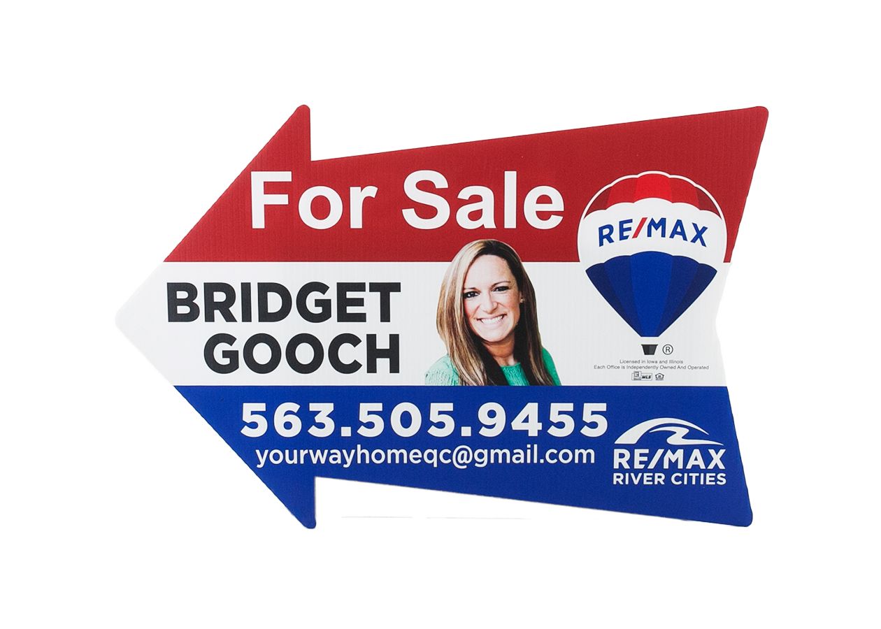 a red white and blue for sale sign for bridget gooch