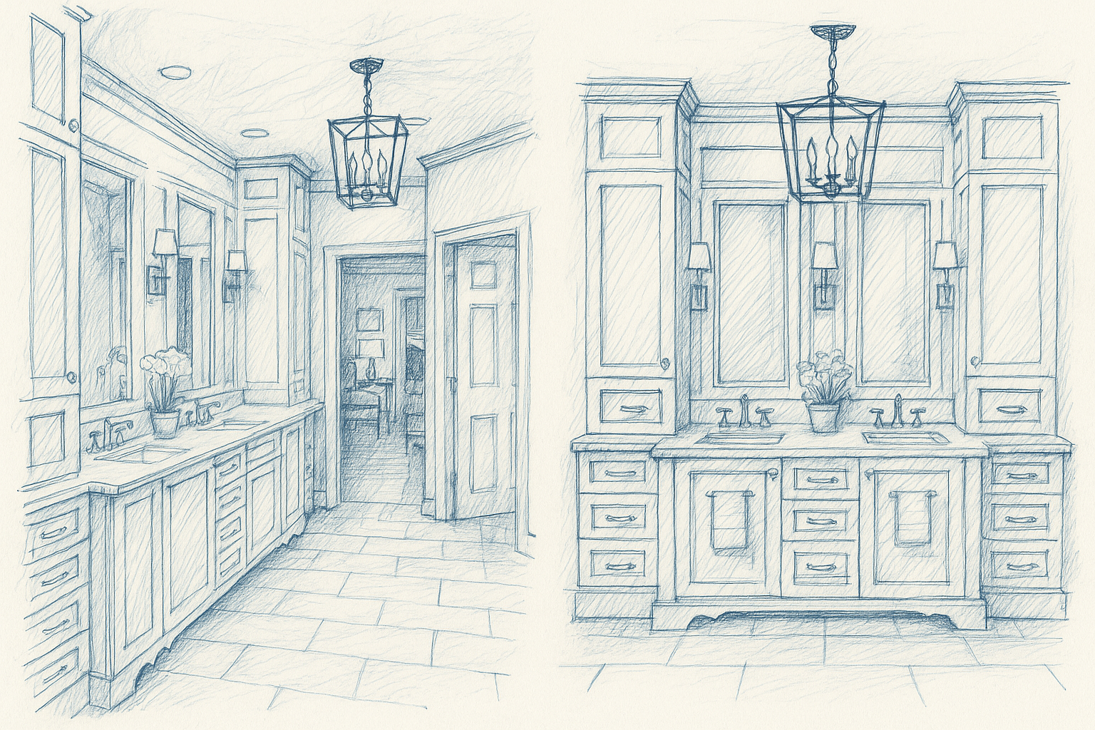 Two pencil sketches of a bathroom vanity. One shows a long wall with two sinks, the other a front view.