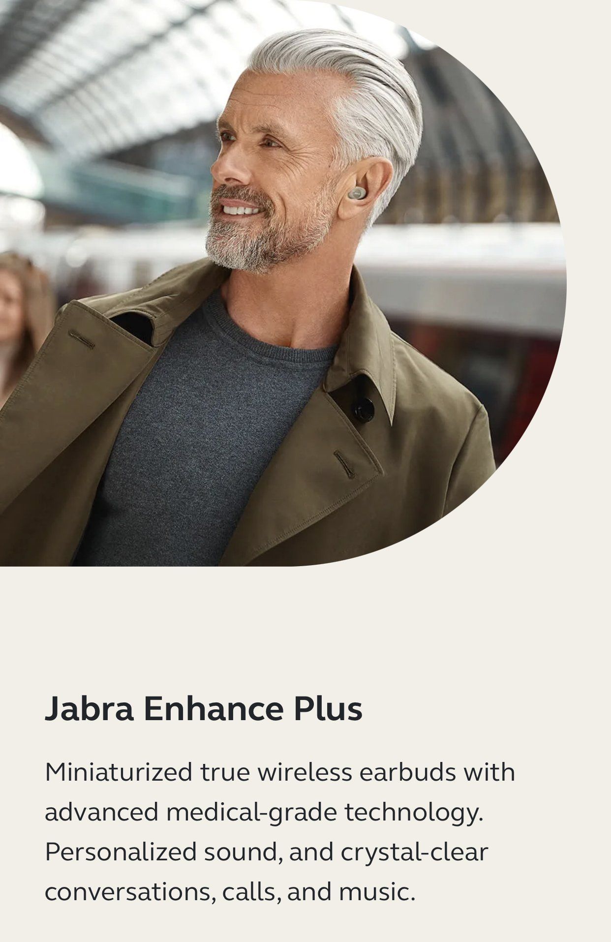 Middle aged man wearing Jabra Enhance Plus