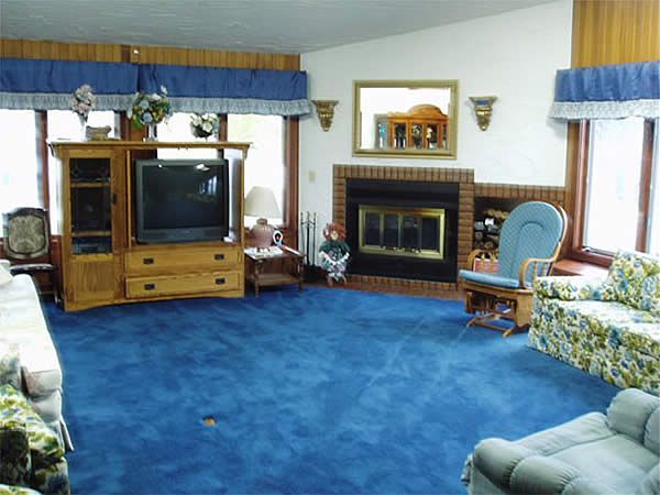 Blue-carpeted living room with fireplace, TV cabinet, and floral armchairs by the windows